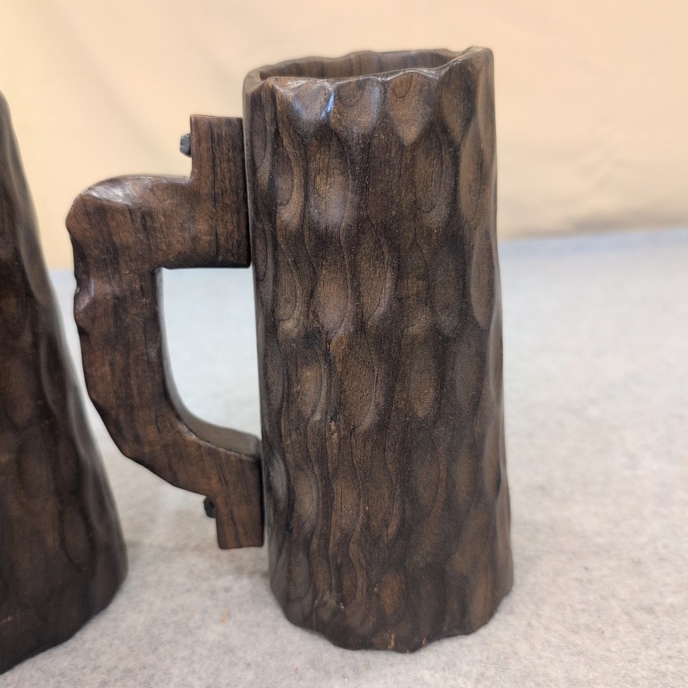Vintage Hand Carved Wooden Mug Coat of Arms of Toledo, Spain Set of 2 Dark Wood - Picture 5 of 8